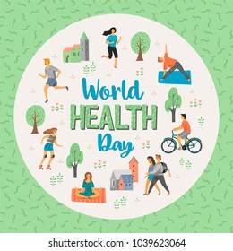 World Health Day. Healthy lifestyle. Roller skates, running, bicycle, walk, yoga. Design element in pastel colors with textures