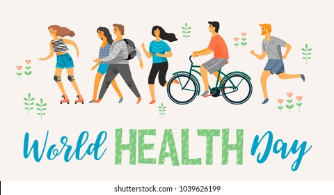 World Health Day. Healthy Lifestyle. Roller Skates, Running, Bicycle, Walk. Design Element In Pastel Colors With Textures