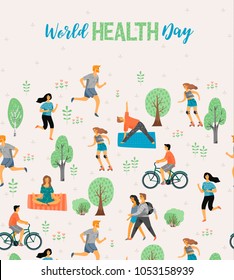 World Health Day. Healthy lifestyle. Roller skates, running, bicycle, walk, yoga. Design element in pastel colors with textures