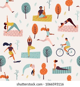World Health Day. Healthy lifestyle. Vector seamless pattern with skates, running, bicycle, walk, yoga class.