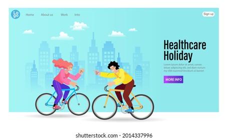 World Health Day. Healthy lifestyle. People riding Bike In Park Healthcare Holiday Banner. world bicycle Day vector template. Design for banner, greeting cards or print. illustration vector.