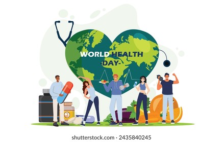 World Health Day. Healthy lifestyle. concept with healthy lifestyle illustration. Exercise, drink clean water, holding medicine pills, do yoga, organic food. Flat cartoon vector illustration.