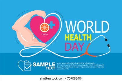 World Health Day heart ,arm and stethoscope design on blue background. In celebration of April 7 holiday. EPS 10 vector illustration.
