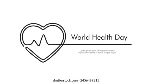 World health day. Heart and pulse one line hand drawn, cardiogram sign, electrocardiogram heartbeat - stock vector