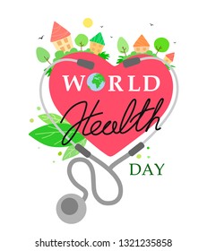 	
World Health Day heart and stethoscope design. Houses and trees with heart bushes. Vector illustration on white background