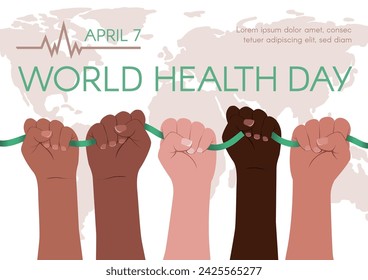 World Health Day. Horizontal banner with Diverse people's hands and map, with space for text. Vector flat illustration