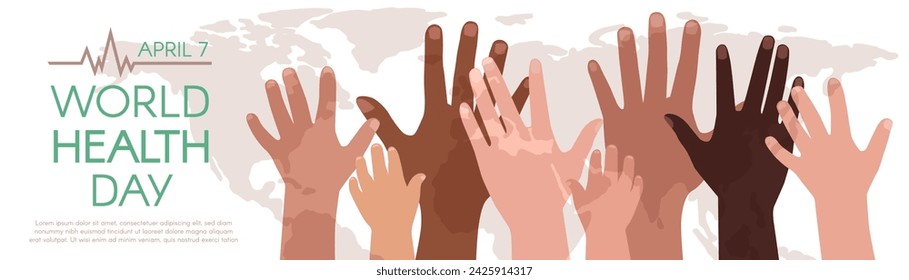 World Health Day. Horizontal banner with Diverse people's hands and map, with space for text. Vector flat illustration