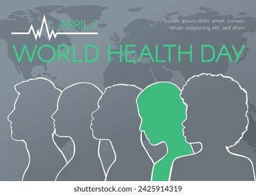 World Health Day. Horizontal banner with Diverse people and map, with space for text. Vector flat illustration