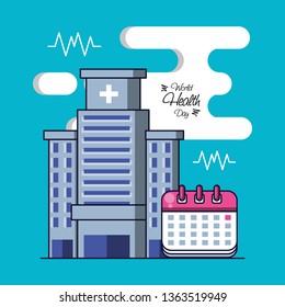 world health day with hospital structure and set icons