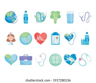 world health day icon set over white background, colorful design, vector illustration