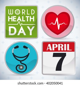 World Health Day icons with a squared and rounded buttons with heart, stethoscope and calendar.