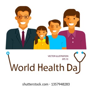 World Health Day idea campaign concept for greeting card and poster. Happy and healthy family with smiling mother, father, son and daughter. Flat Art Vector illustration