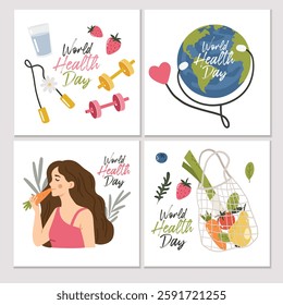 World Health Day Illustration, April 7th items, Cards, Templates, Earth, fruits, vegetables, sport