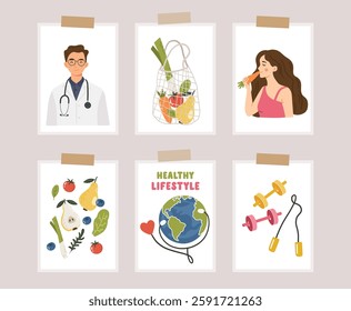 World Health Day Illustration, April 7th items, Cards, Posters, Earth and fruits, vegetables, sport
