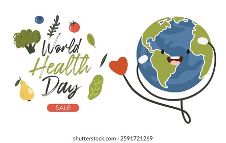 World Health Day Illustration, April 7th items, Cards, Template, Earth and fruits, vegetables