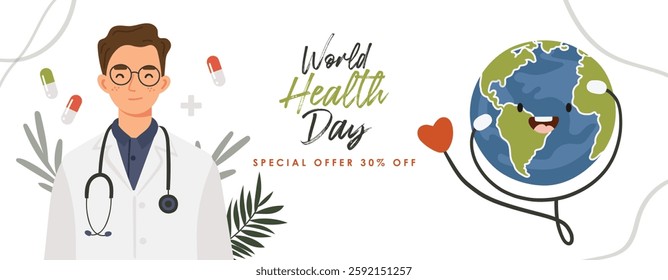 World Health Day Illustration, April 7th items, Cards, Earth and fruits, vegetables, sport