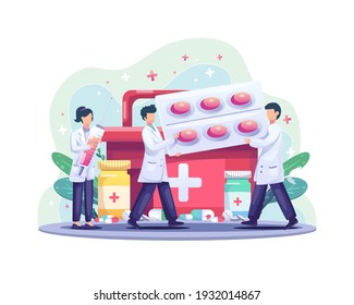 World Health Day illustration concept with Group of doctors bring health medicine and pills. vector illustration