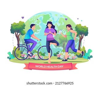 World Health Day illustration concept with people exercising healthy lifestyle. a person doing yoga, jogging, and cycling. Flat style vector illustration