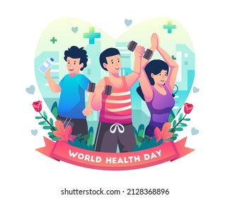 World Health Day illustration concept with People are exercising to stay healthy. Flat style vector illustration