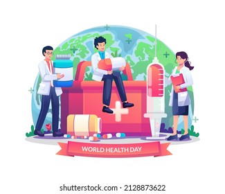 World Health Day illustration concept with Group of doctors bring health medicine and pills. vector illustration. Flat style vector illustration