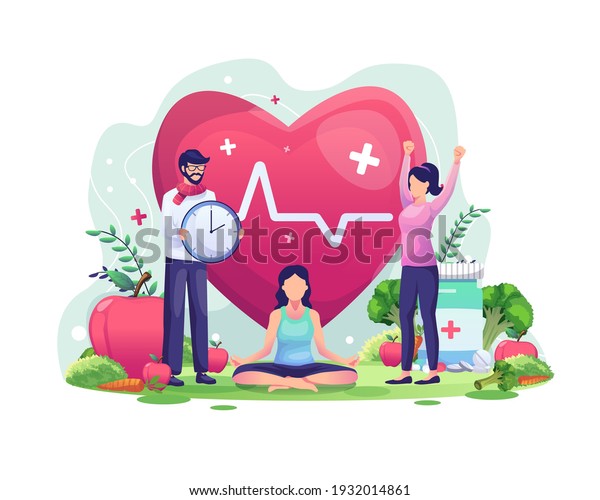 World Health Day illustration concept with characters people are exercising, yoga, living healthy. vector illustration. Healthcare wall chart. 