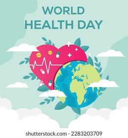 world health day illustration with earth, love, pills, and leaves