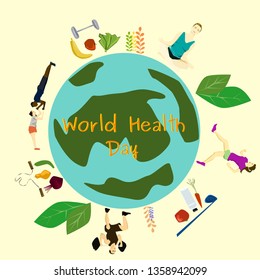 World health day illustration.  Vegetables and fruits around planet on yellow background vector. People doing sport