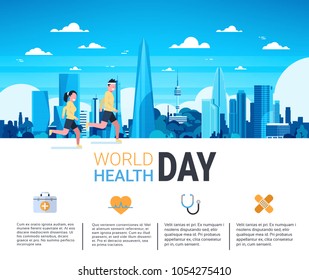 World Health Day Infographic Banner With Man And Woman Jogging Over Silhouette City Template Background