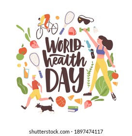 World Health Day inscription with bundle of elements and characters of healthy life. People exercising, running, riding bike. Colored flat vector illustration isolated on white background