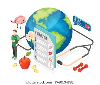 World health day isometric composition with character of doctor earth smiling brain stethoscope apple vector illustration