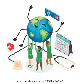 World health day isometric concept with doctors holding happy globe in arms stethoscope calendar and heart on white background vector illustration