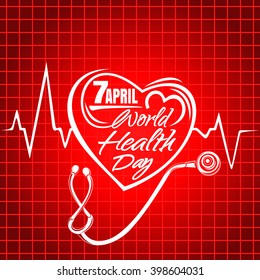 World Health Day lettering. Concept text design with heart, cardiogram and stethoscope. Greeting card for Health Day. Vector background, illustration