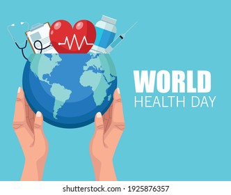 World Health Day Lettering With Hands Lifting Earth Planet And Medical Icons Vector Illustration Design