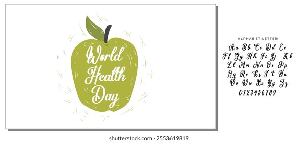 World Health Day lettering handwritten with calligraphic font on green hand drawn apple isolated on white background. Fresh fruit with elegant inscription. Bright colored vector illustration.