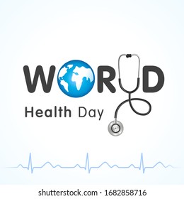 World health day lettering and heartbeat design banner. Globe in text and normal cardiogram as a concept poster for World Health Day, 7 April. Vector illustration