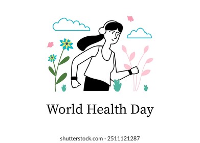 Concepto lineal del Día Mundial de la Salud con escena de personas en el estilo de dibujos animados planos. Una mujer corriendo con auriculares en un espacio abierto decorado con flores bajo un cielo brillante. Ilustración vectorial.