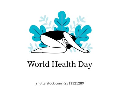 World Health Day linear concept with people scene in the flat cartoon style. Woman practicing yoga pose with blue leaves in the background, promoting well-being and health. Vector illustration.