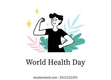 World Health Day linear concept with people scene in the flat cartoon style. A man flexes his biceps while promoting fitness and health awareness, surrounded by colorful leaves. Vector illustration.