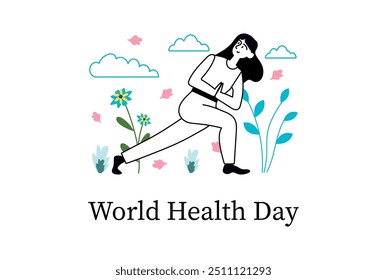 World Health Day linear concept with people scene in the flat cartoon style. A woman practicing yoga outdoors among flowers and clouds, maintaining her physical and mental health. Vector illustration.