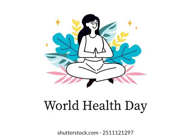 World Health Day linear concept with people scene in the flat cartoon style. A woman in a meditative pose is surrounded by colorful foliage and natural elements. Vector illustration.