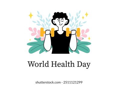 World Health Day linear concept with people scene in the flat cartoon style. Man holding orange dumbbells against a background of green and pink leaves with stars around them. Vector illustration.