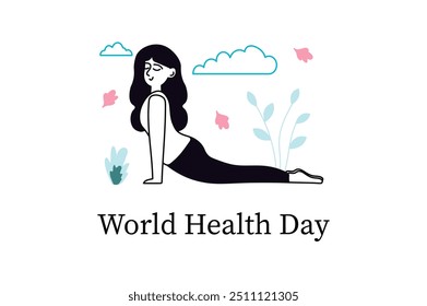 World Health Day linear concept with people scene in the flat cartoon style. A woman practicing yoga outdoors, celebrating global health awareness through exercise. Vector illustration.