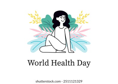 World Health Day linear concept with people scene in the flat cartoon style. A happy woman sits among bright flowers and plants, which creates an atmosphere of healing and nature. Vector illustration.