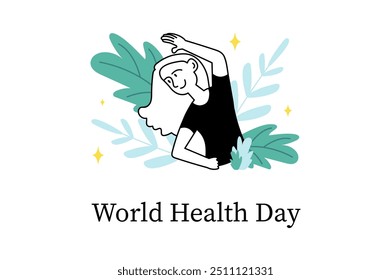 World Health Day linear concept with people scene in the flat cartoon style. Woman in black t-shirt stretching surrounded by green leaves and stars. Vector illustration.