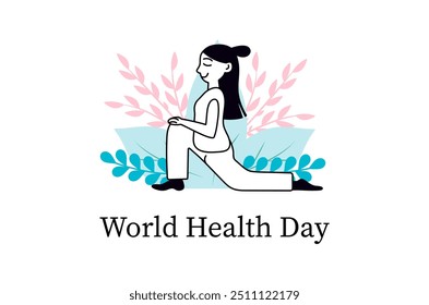 World Health Day linear concept with people scene in the flat cartoon style. A woman stretches in a low lunge pose surrounded by a colorful abstract floral background. Vector illustration.