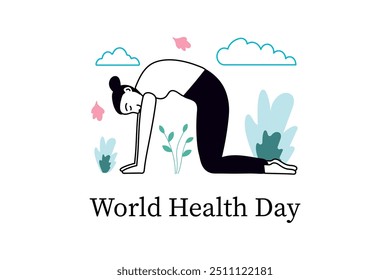 World Health Day linear concept with people scene in the flat cartoon style. A woman practices yoga, which promotes physical and mental health, with nature in the background. Vector illustration.