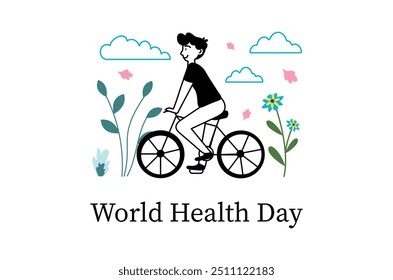 World Health Day linear concept with people scene in the flat cartoon style. A man rides a bicycle surrounded by flowers and clouds, promoting a healthy lifestyle. Vector illustration.
