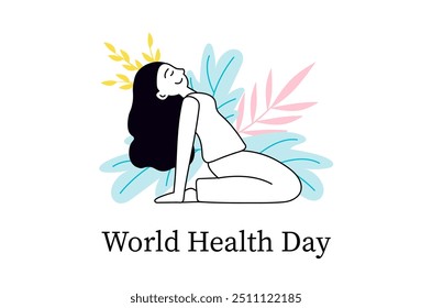 World Health Day linear concept with people scene in the flat cartoon style. A woman practices yoga with botanical elements in the background that symbolize health and well-being. Vector illustration.