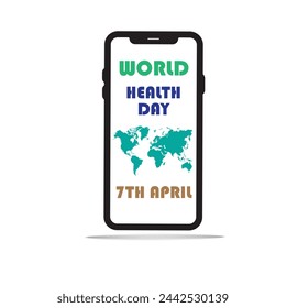 World health day map display on mobile screen isolated on white background . smart phone technology concept . world health day on cellphone technology EPS editable file 