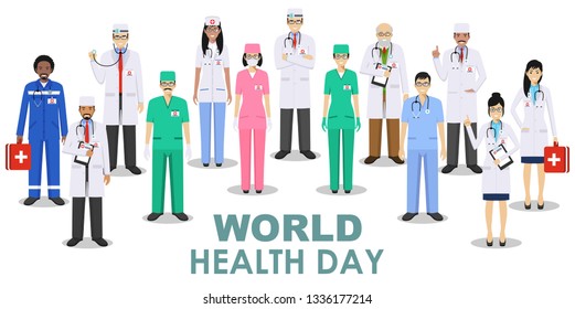 World Health Day. Medical concept. Detailed illustration of doctor and nurses in flat style isolated on white background. Practitioner doctors man and woman standing in different positions. Vector.